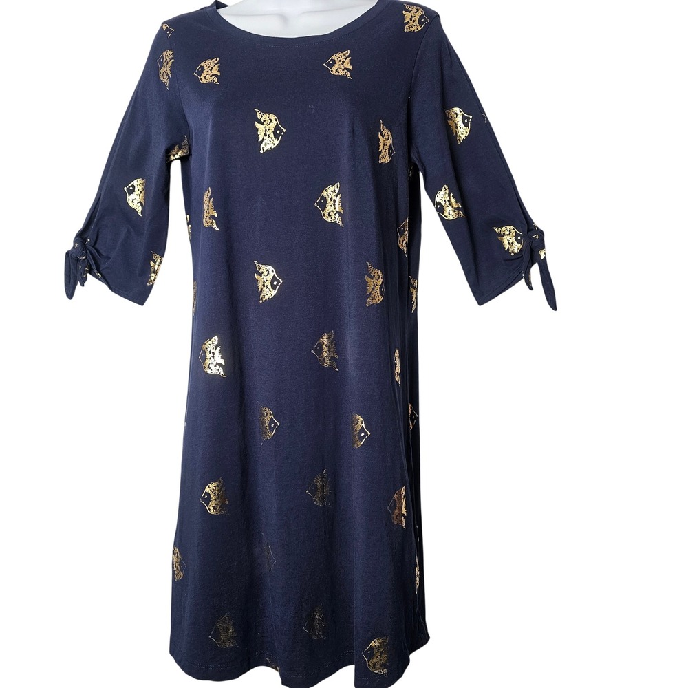 Lilly Pulitzer S Navy Blue Gold Foil Fish Pima Cotton Dress Nautical Coastal - Picture 1 of 7